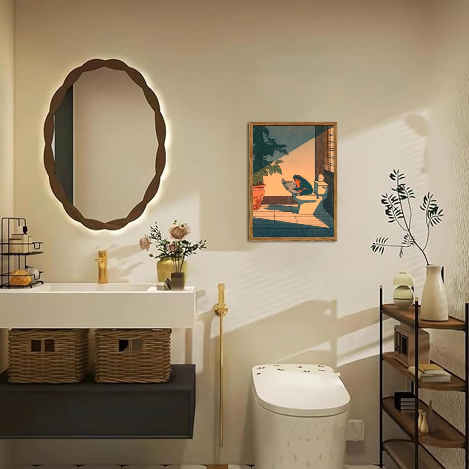 YYNISPIN framed frog canvas print serves as a bathroom focal point