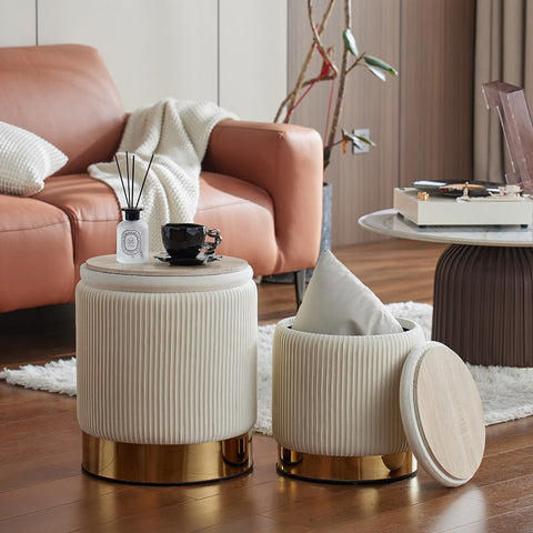 YYW HOME round ottoman small cream velvet with lid for compact spaces