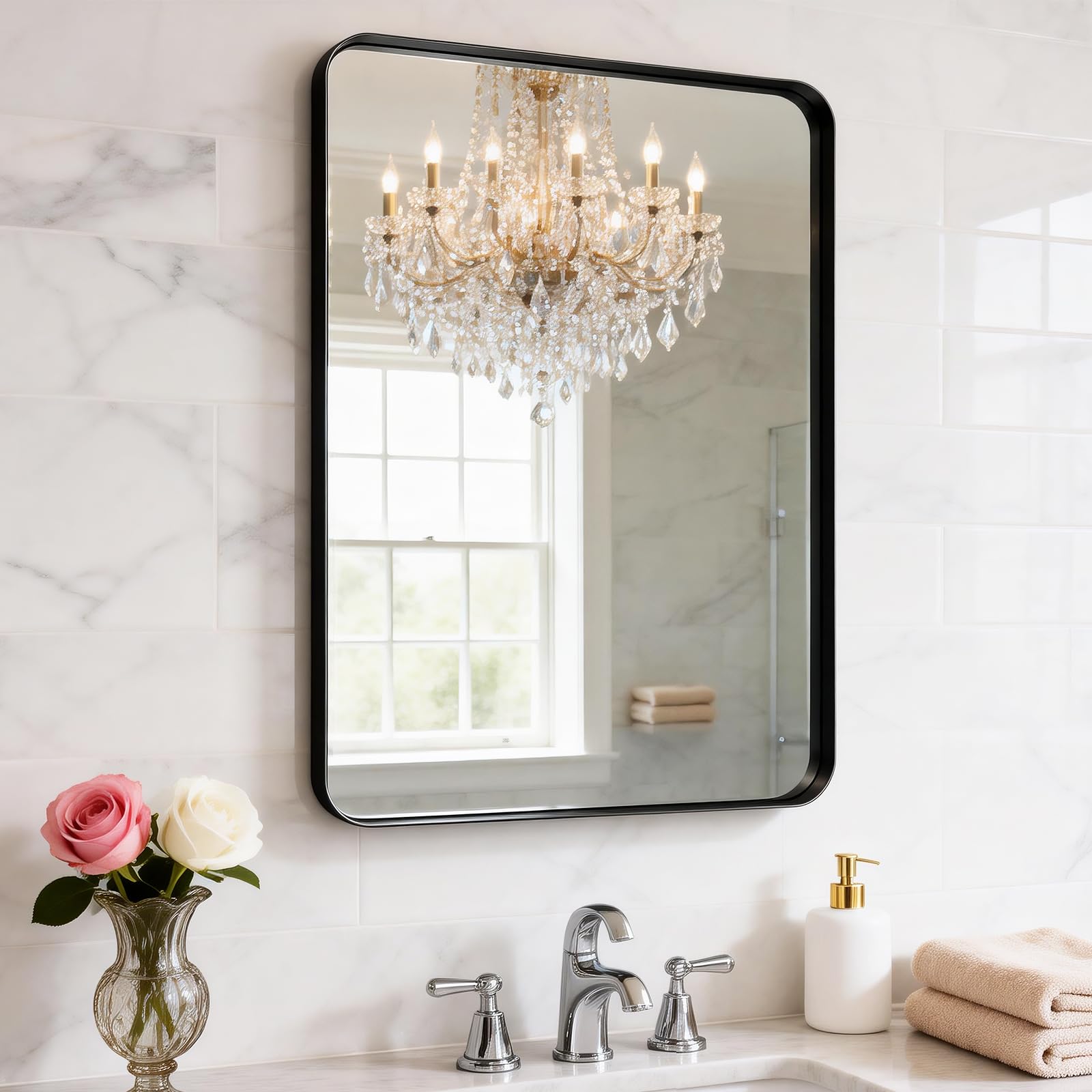 YYXW matte black frame bathroom mirror front view with slim profile