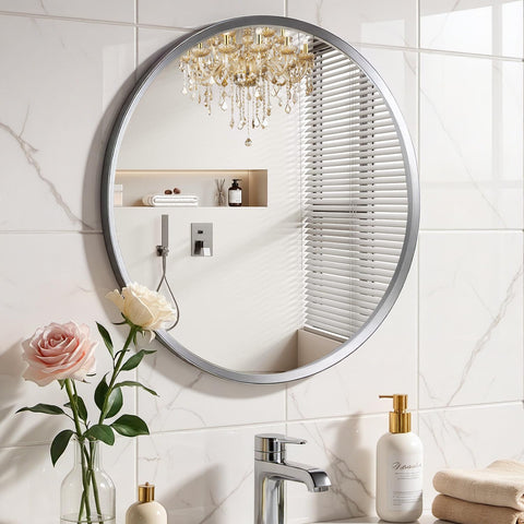 YYXW Brushed Nickel Round Mirror front view showcases premium finish for bathroom or entryway spaces.