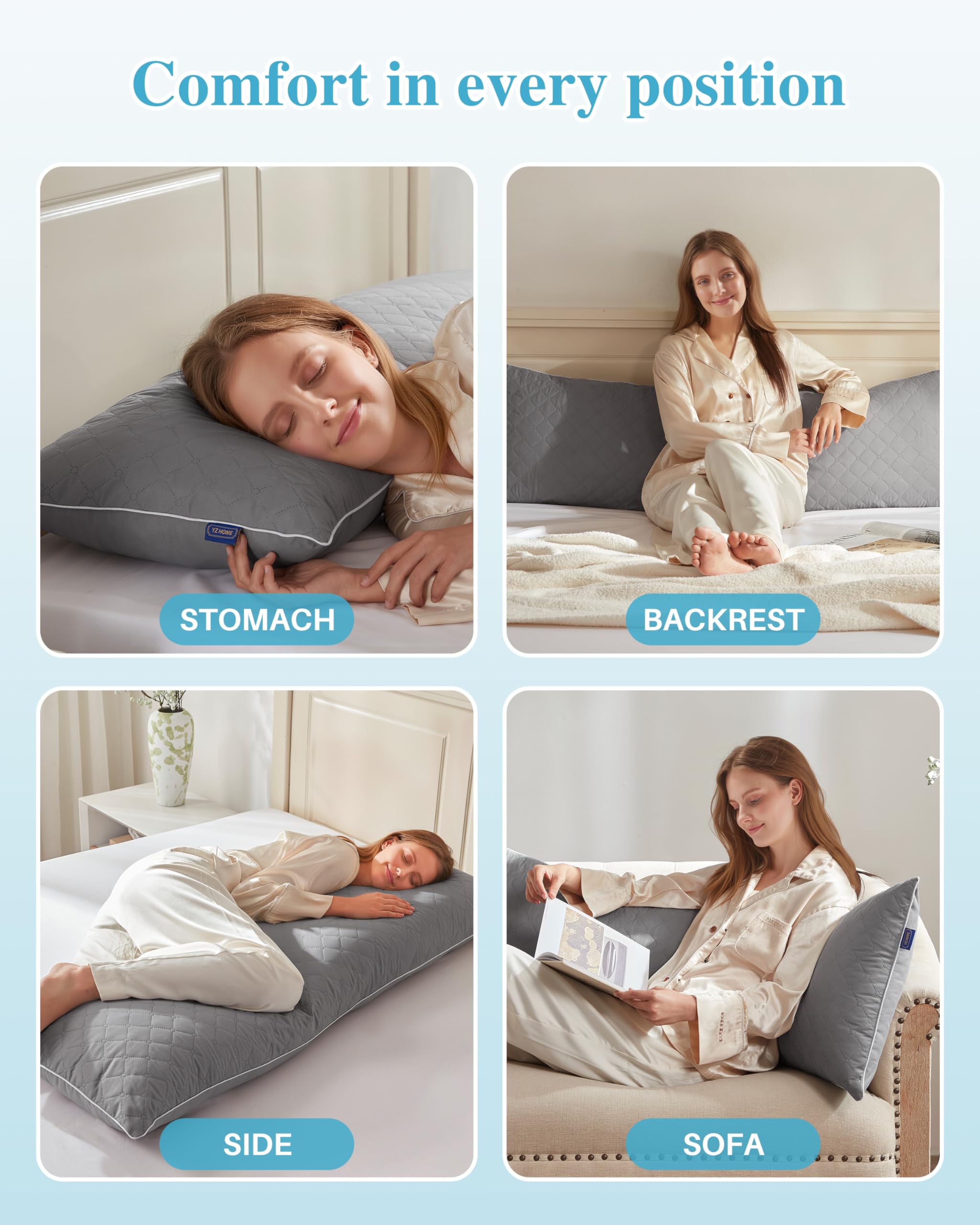 YZ HOME long body pillow with quilted surface for a soft touch and year-round use.