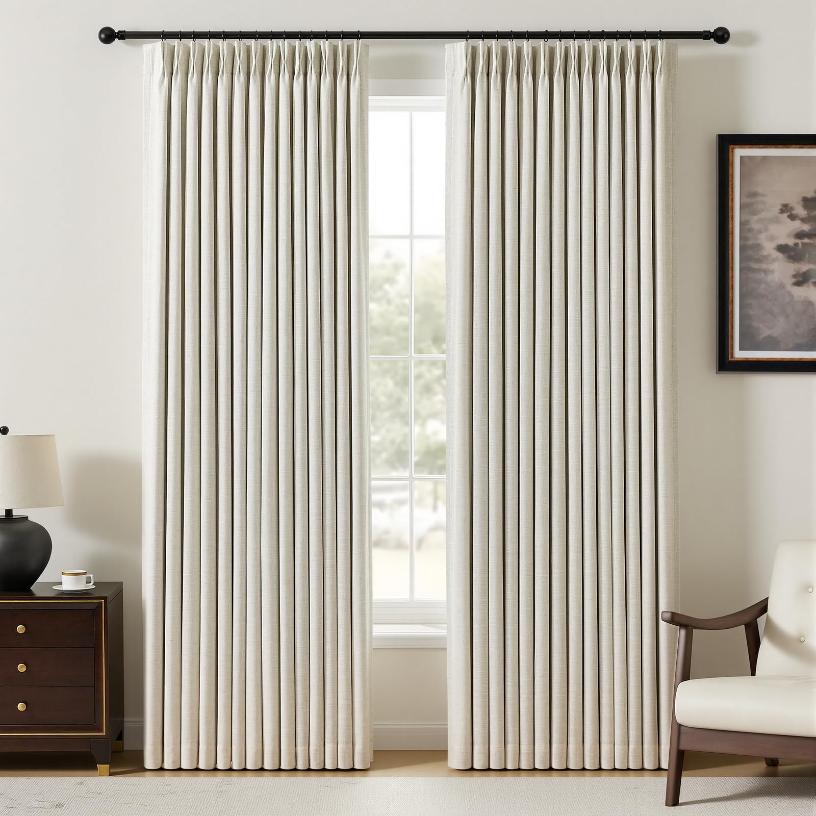 YZ HOME pinch-pleated linen curtains texture closeup showing soft hand feel and refined drape