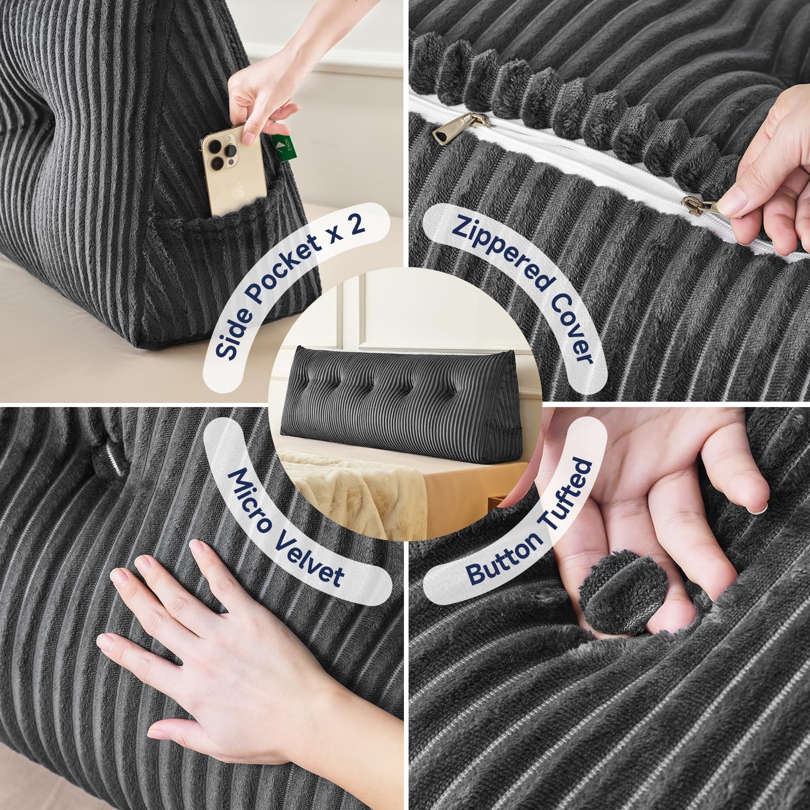 Built-in side pockets of Z-hom Queen Headboard Pillow keep remotes handy