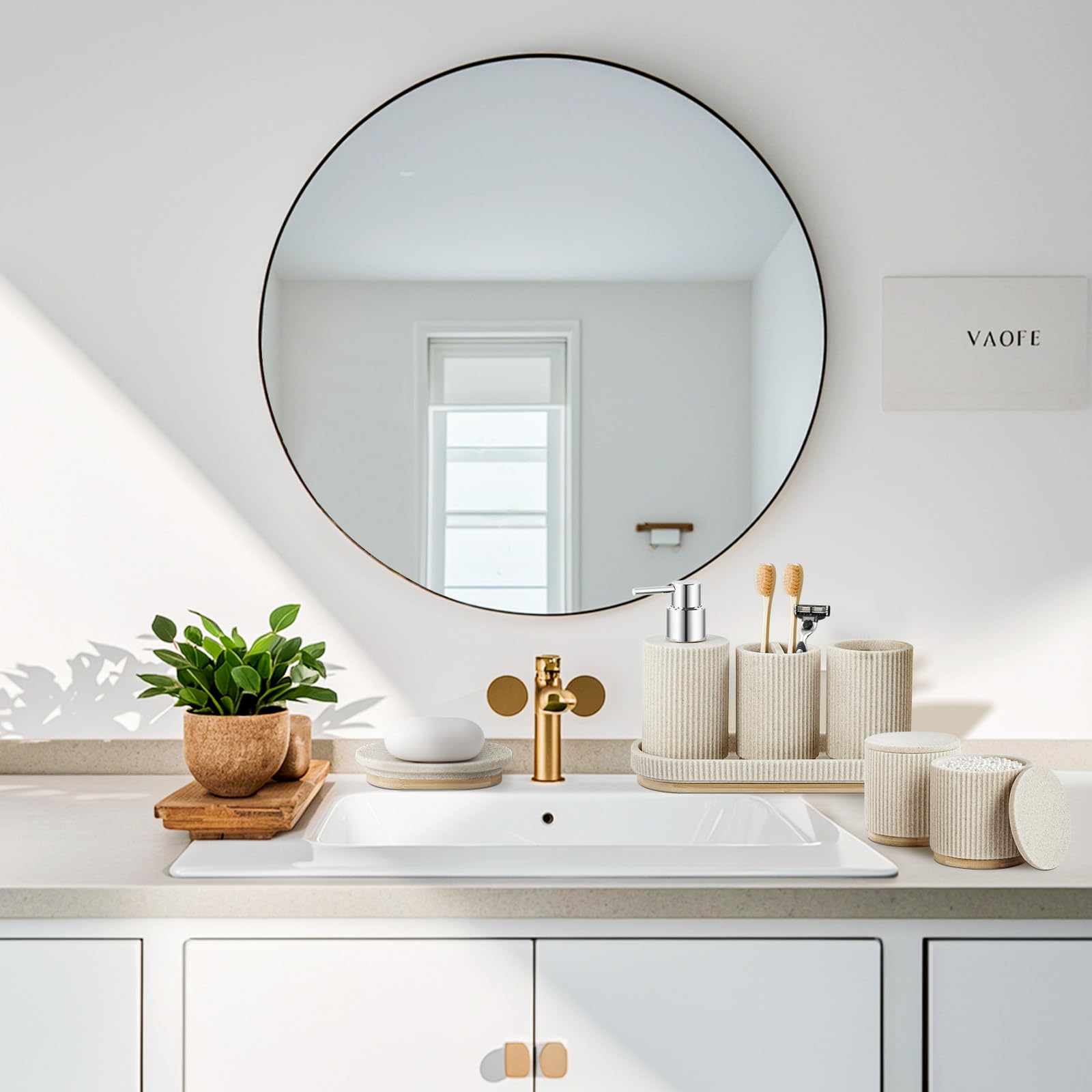 Z ZONAMA beige bathroom set on counter adds cohesive modern decor.