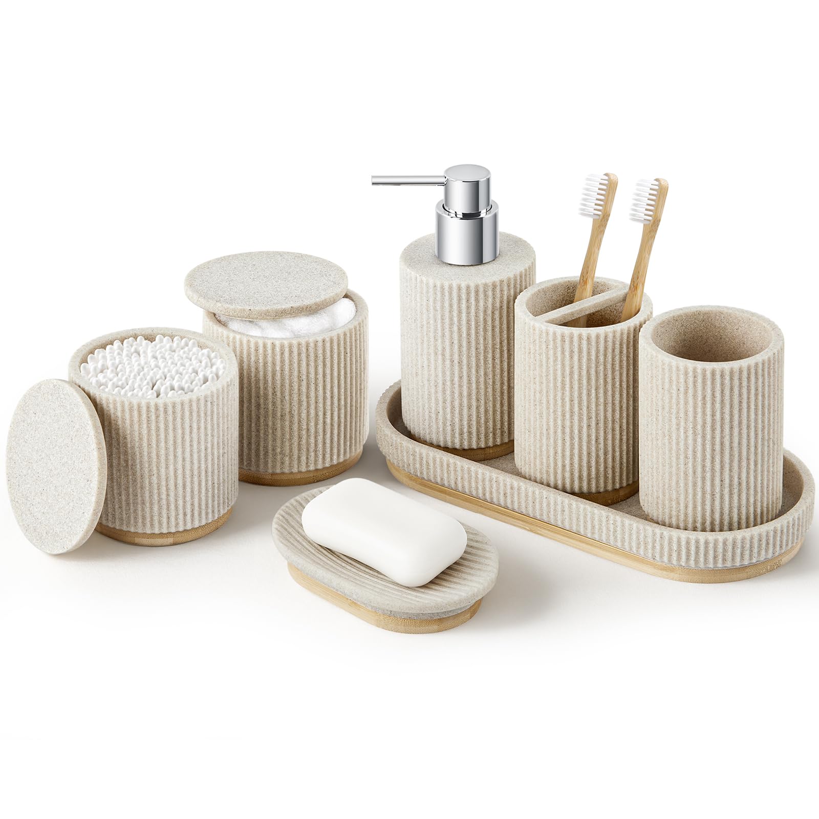 Z ZONAMA soap dispenser on beige bathroom counter, organized and accessible.