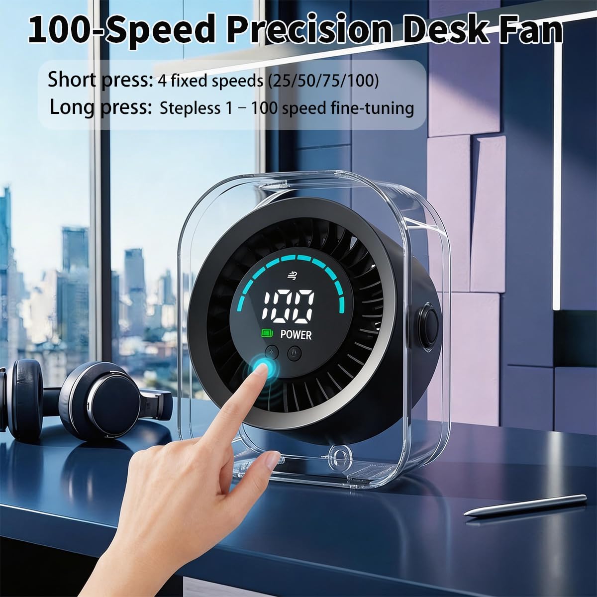 Zaardend desk fan with LED display showing speed and battery at a glance.