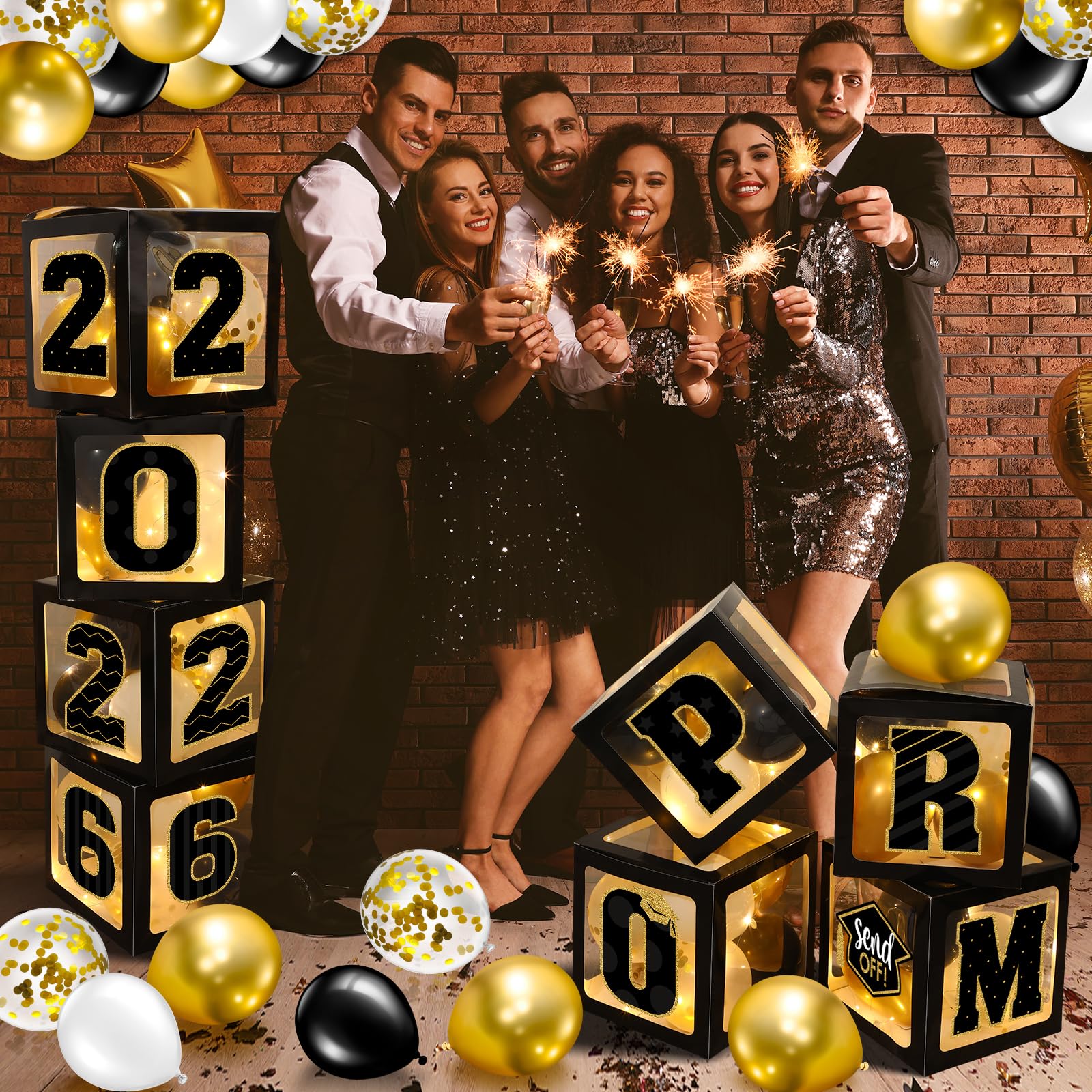 Zachely black and gold decor theme centerpieces elevate the prom ambiance.