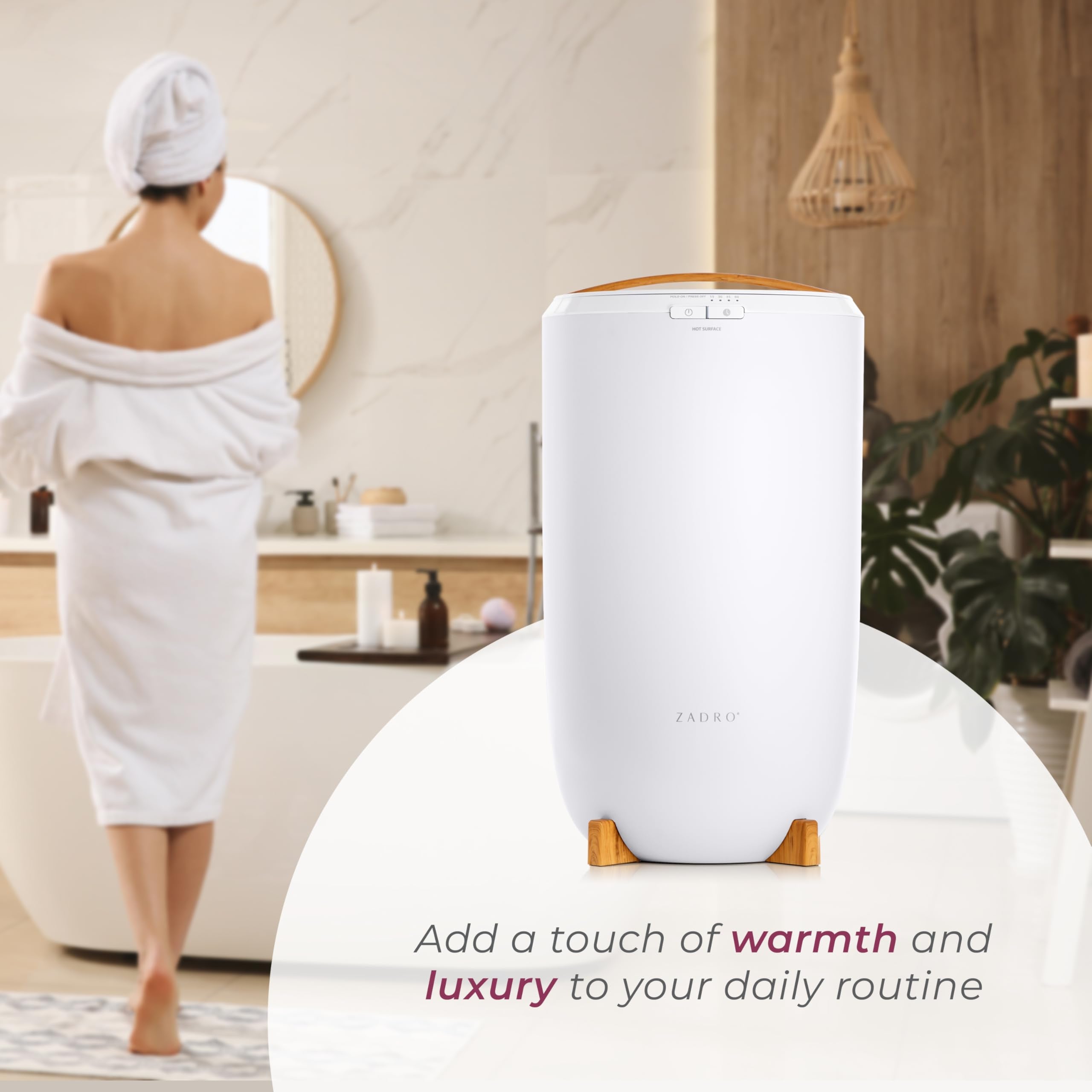 Zadro large towel warmer bucket bathroom scene with spa-like warmth