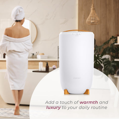 Zadro large towel warmer bucket bathroom scene with spa-like warmth