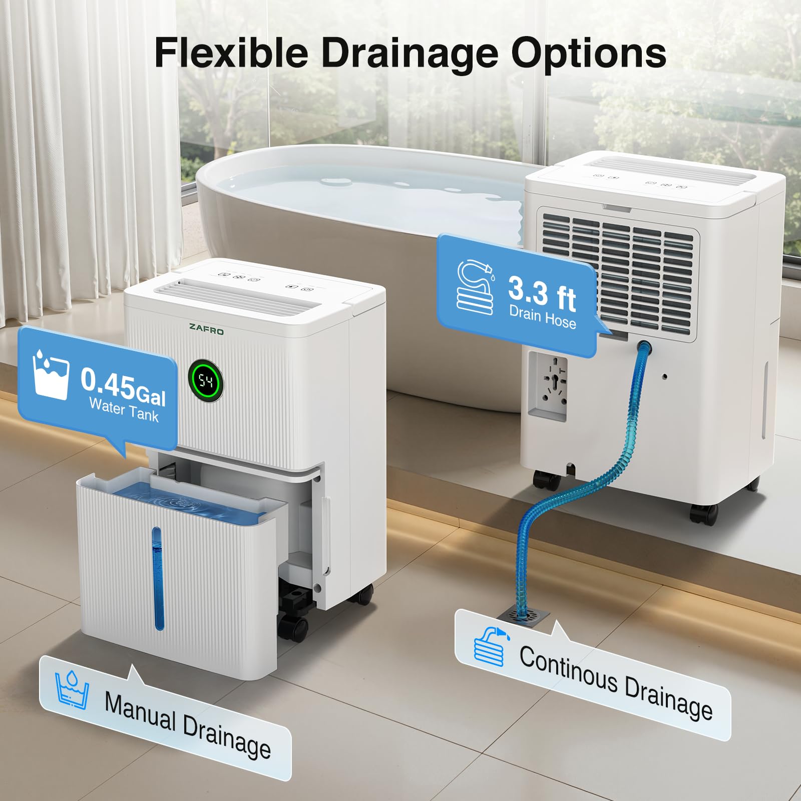 ZAFRO auto and manual drainage with hose for flexible moisture management