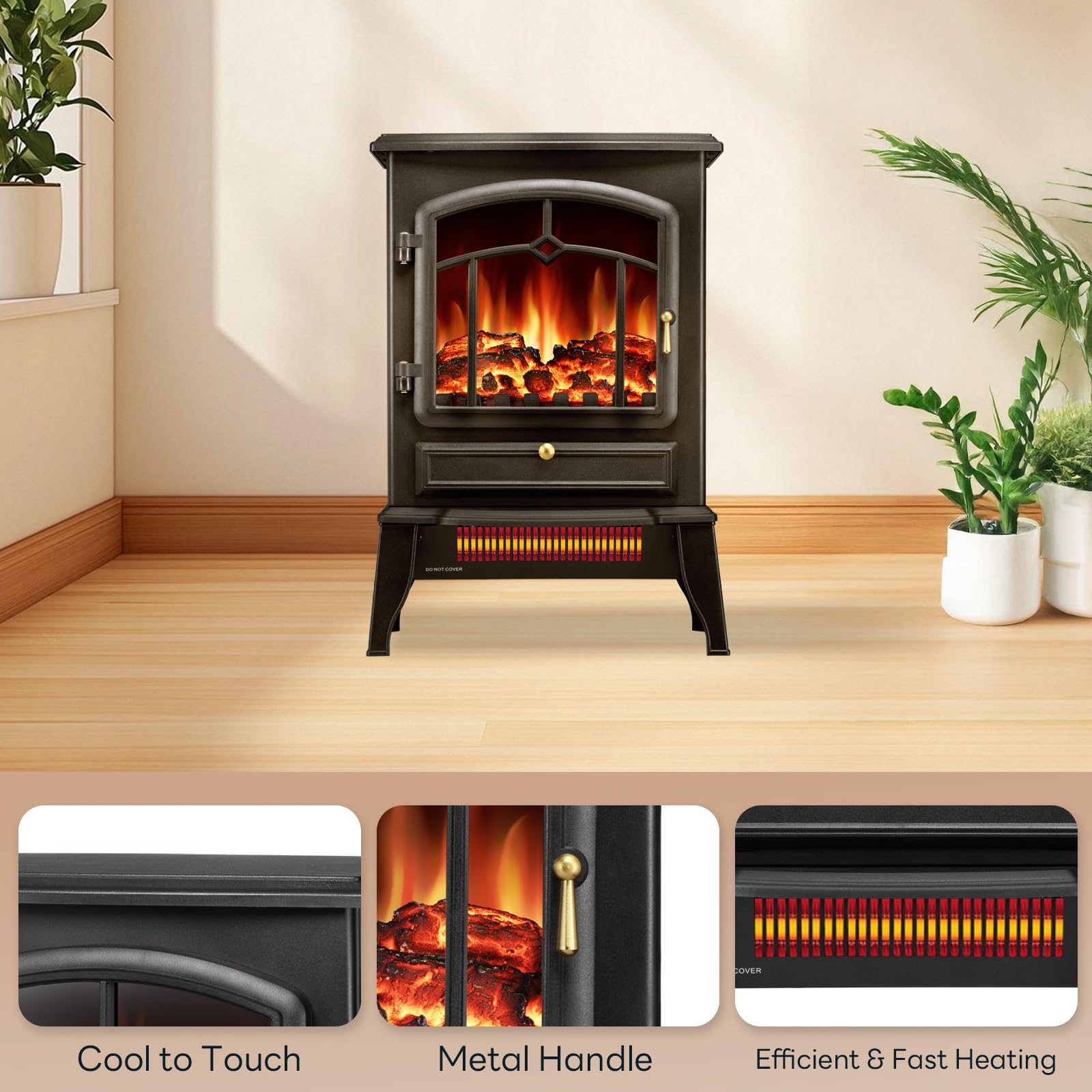 ZAFRO electric fireplace stove 3D flame effect creates lifelike warmth.