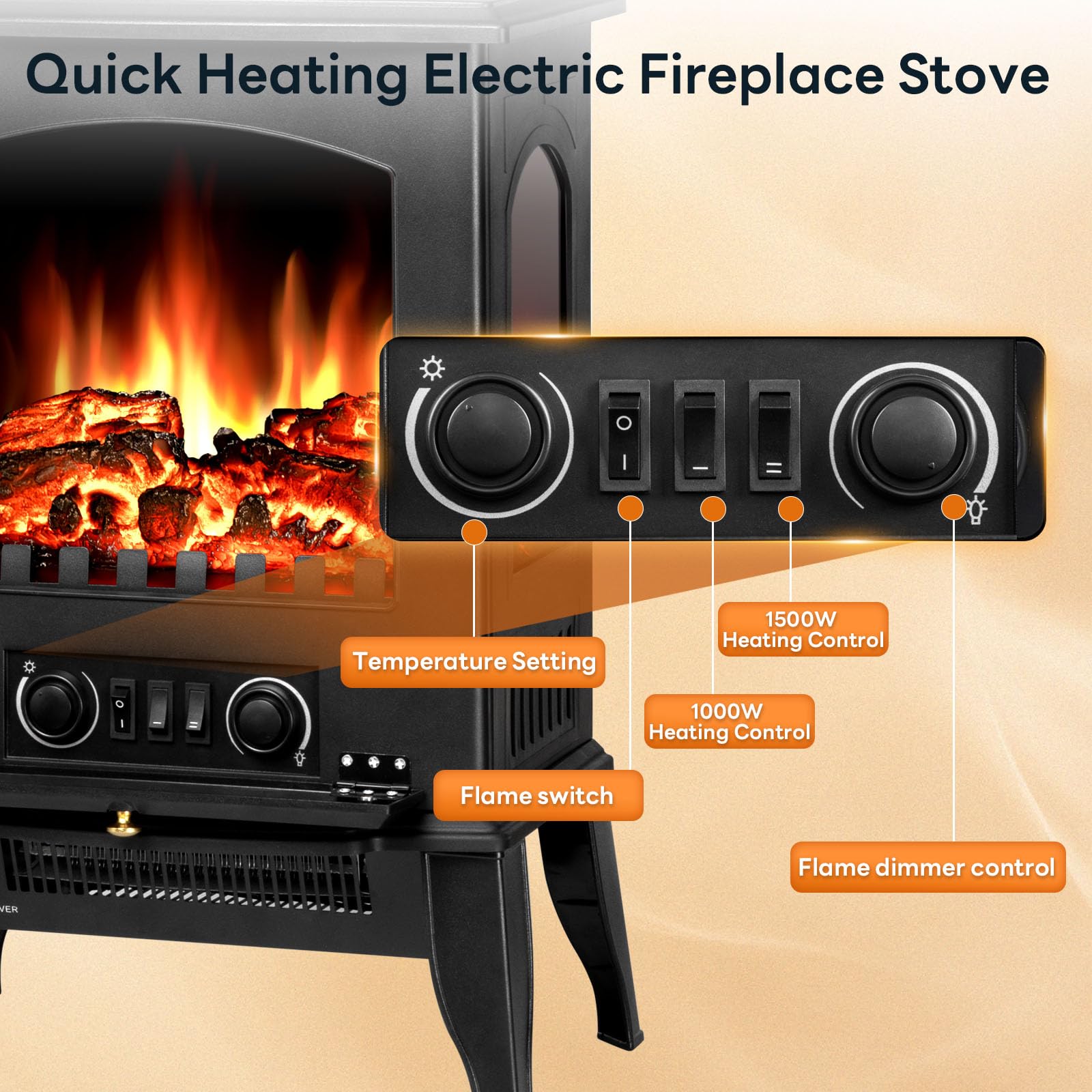 ZAFRO electric fireplace stove thermostat controls allow adjustable comfort.