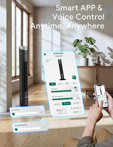 ZAFRO Smart Tower Fan app and voice control for easy operation