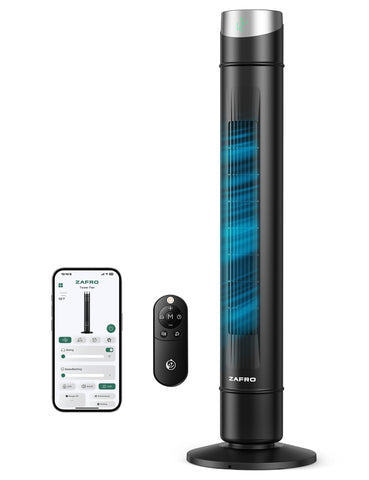 ZAFRO Smart Tower Fan shows 120° oscillation covering a bedroom area