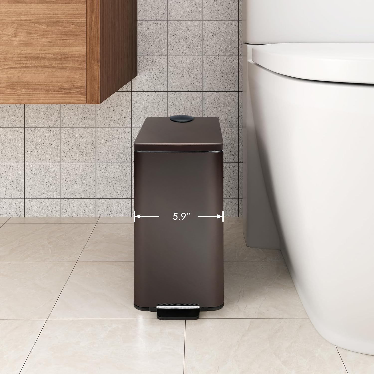 Zahari Home bronze finish trash can with soft-close lid for quiet operation.