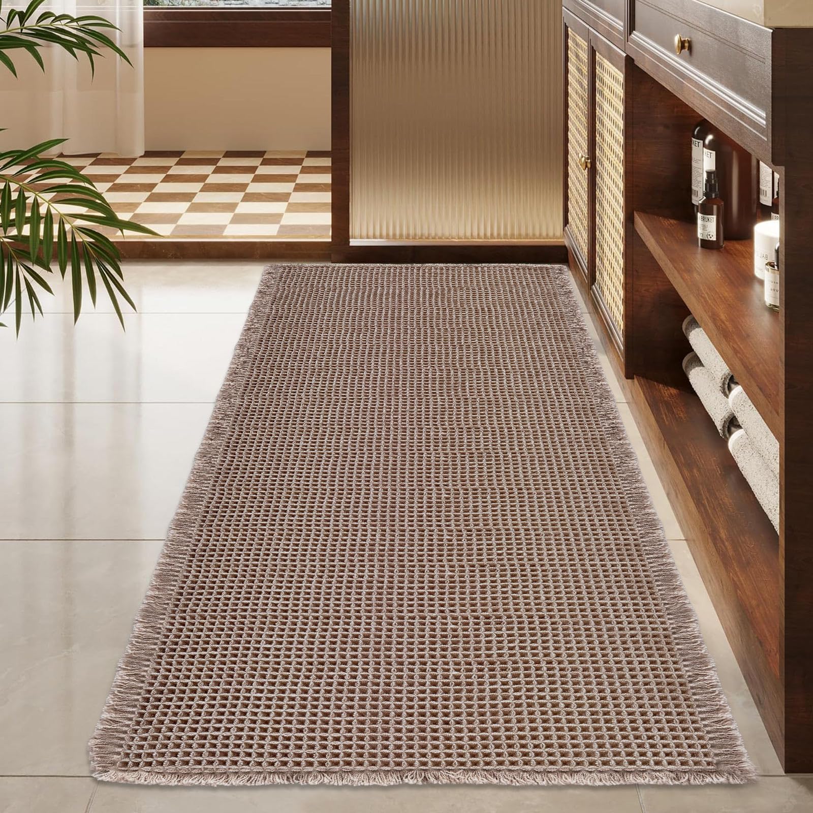 ZALL brown-tan bath mat protects floors and keeps feet warm.