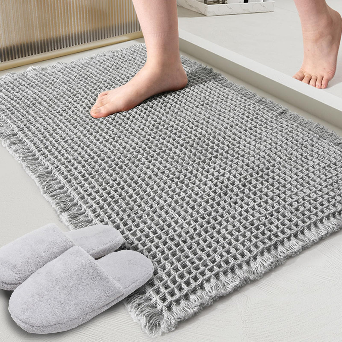 ZALL grey waffle bath mat with 24x36 size for dry floors.
