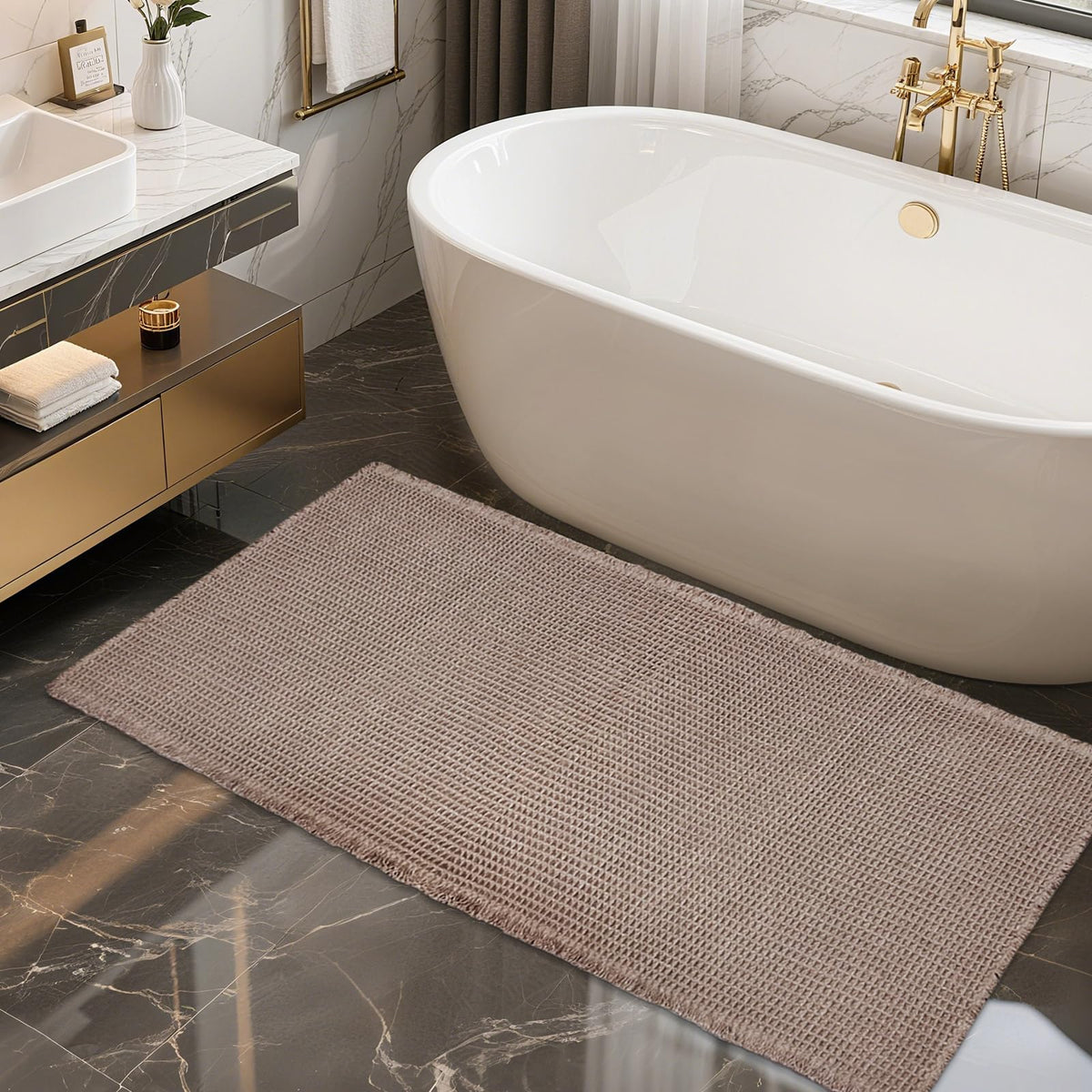 ZALL tan waffle bath mat with absorbent surface for bathroom comfort.