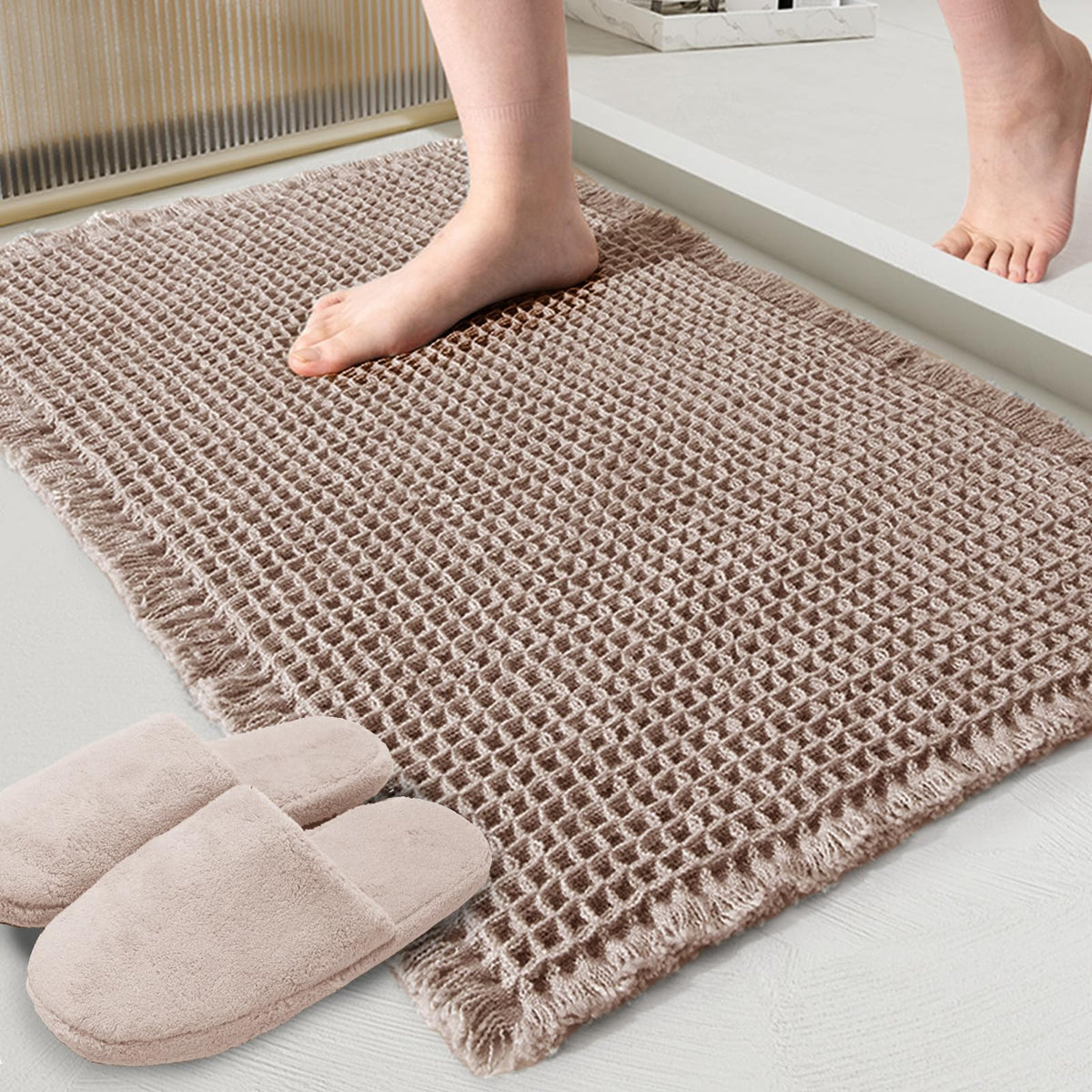 ZALL Tan Waffle Bath Mat close-up showing absorbency and plush texture