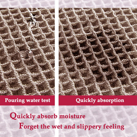 ZALL Tan Waffle Bath Mat placed in front of sink for water pickup