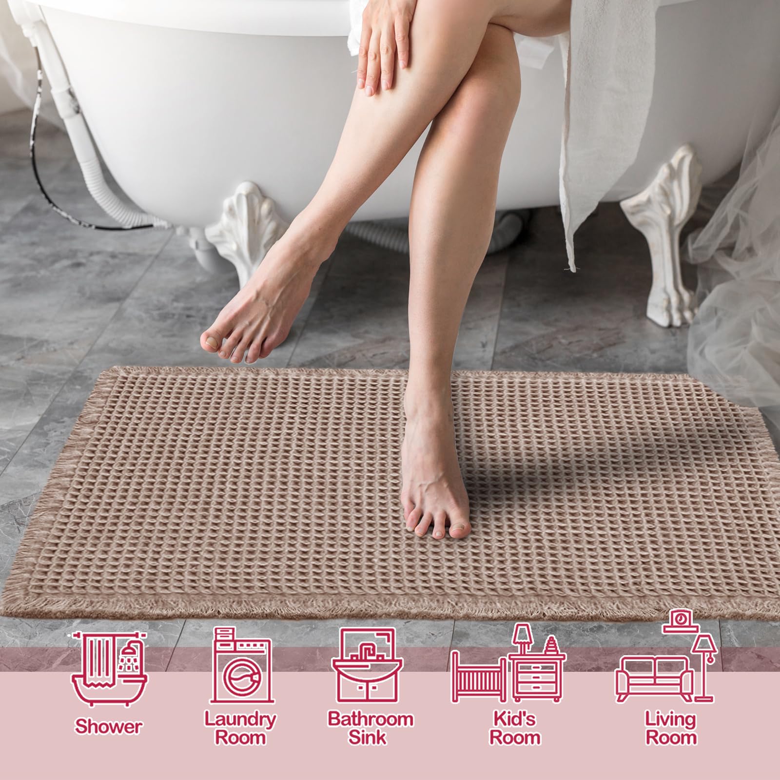 ZALL Tan Waffle Bath Mat with non-slip back for safety