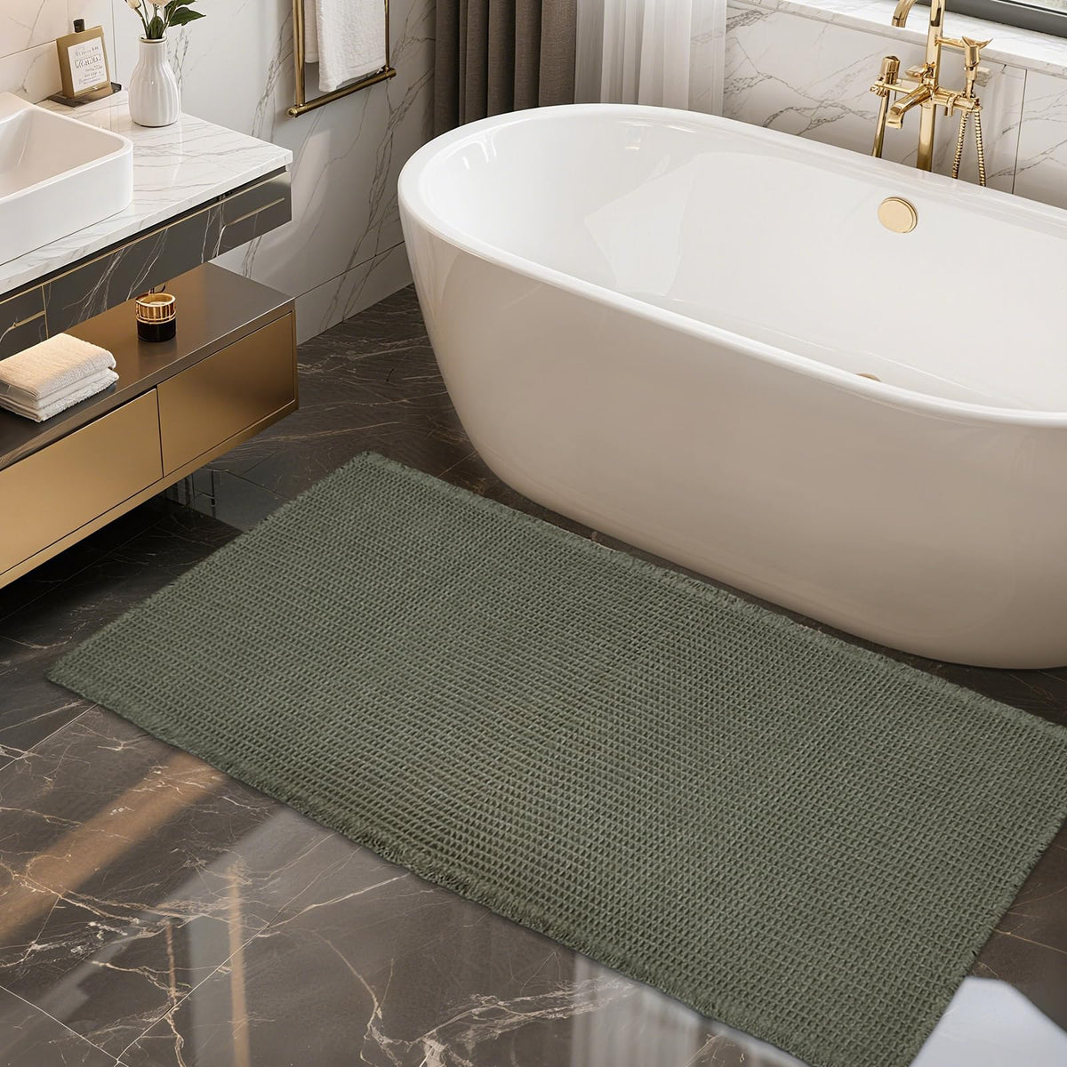 ZALL Waffle Bath Mat in dark green with ultra-absorbent fibers for quick water pickup