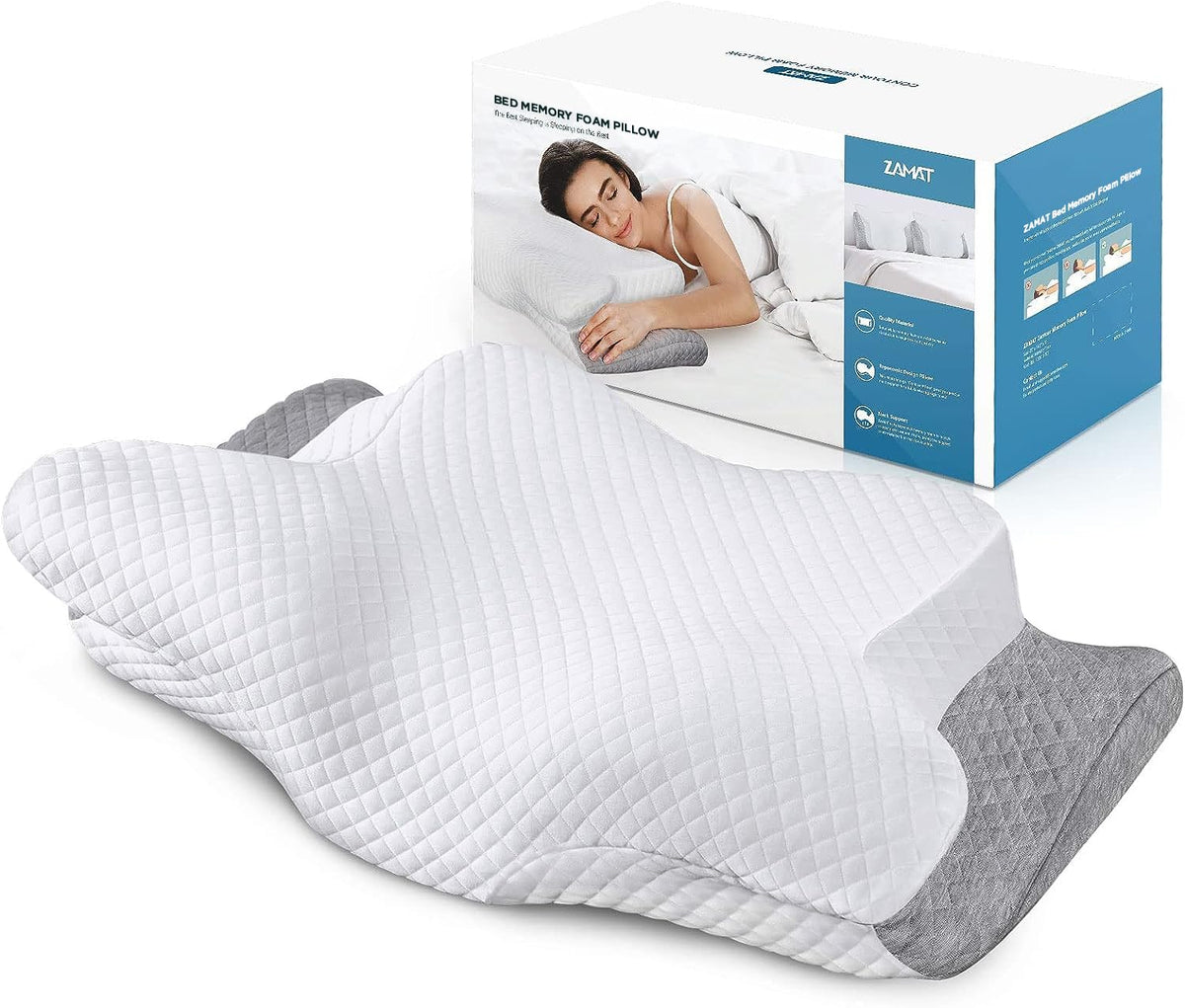 ZAMAT pillow front view on bed highlighting butterfly shape and ergonomic neck support.