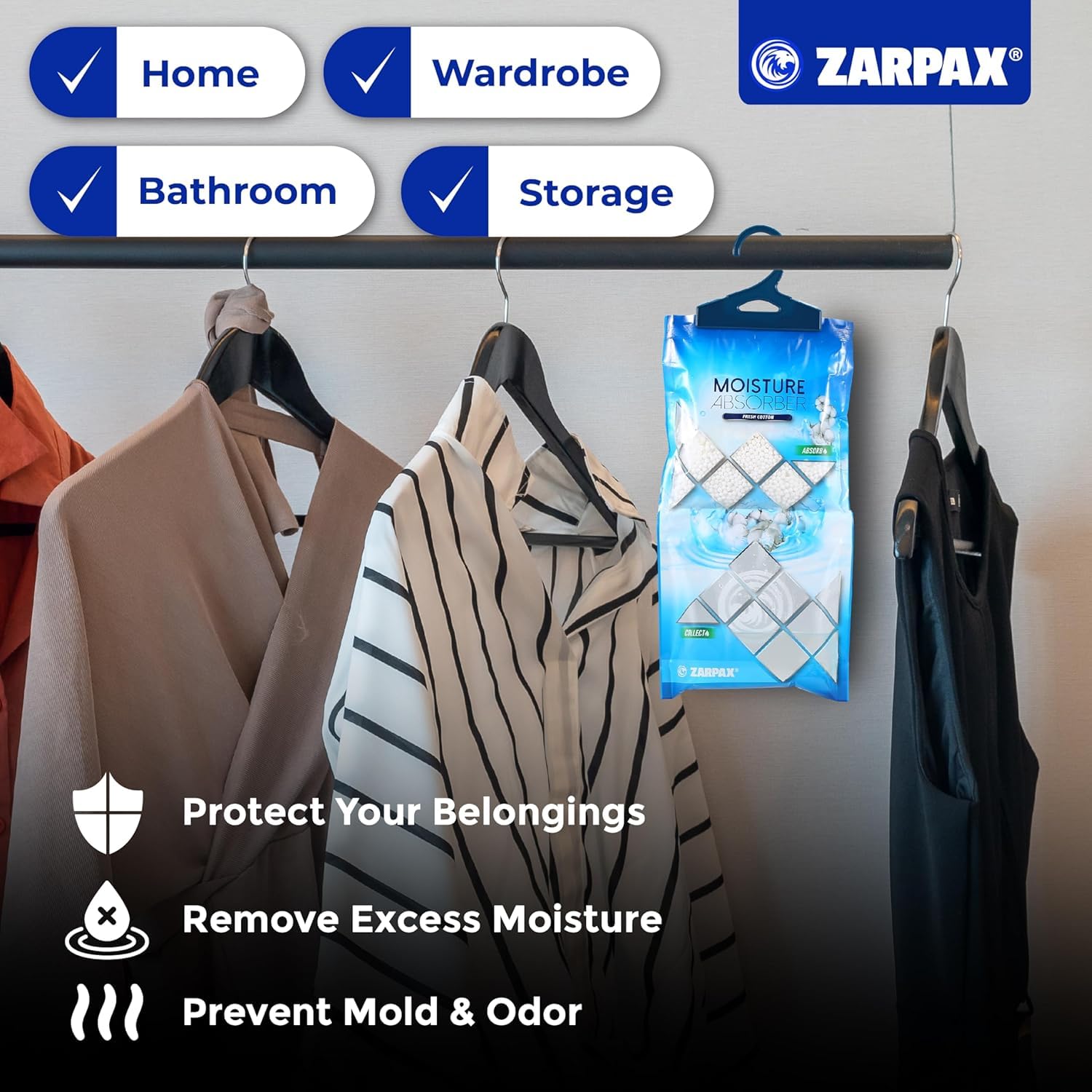 ZARPAX moisture absorber in closet keeping wardrobe dry and odor-free.