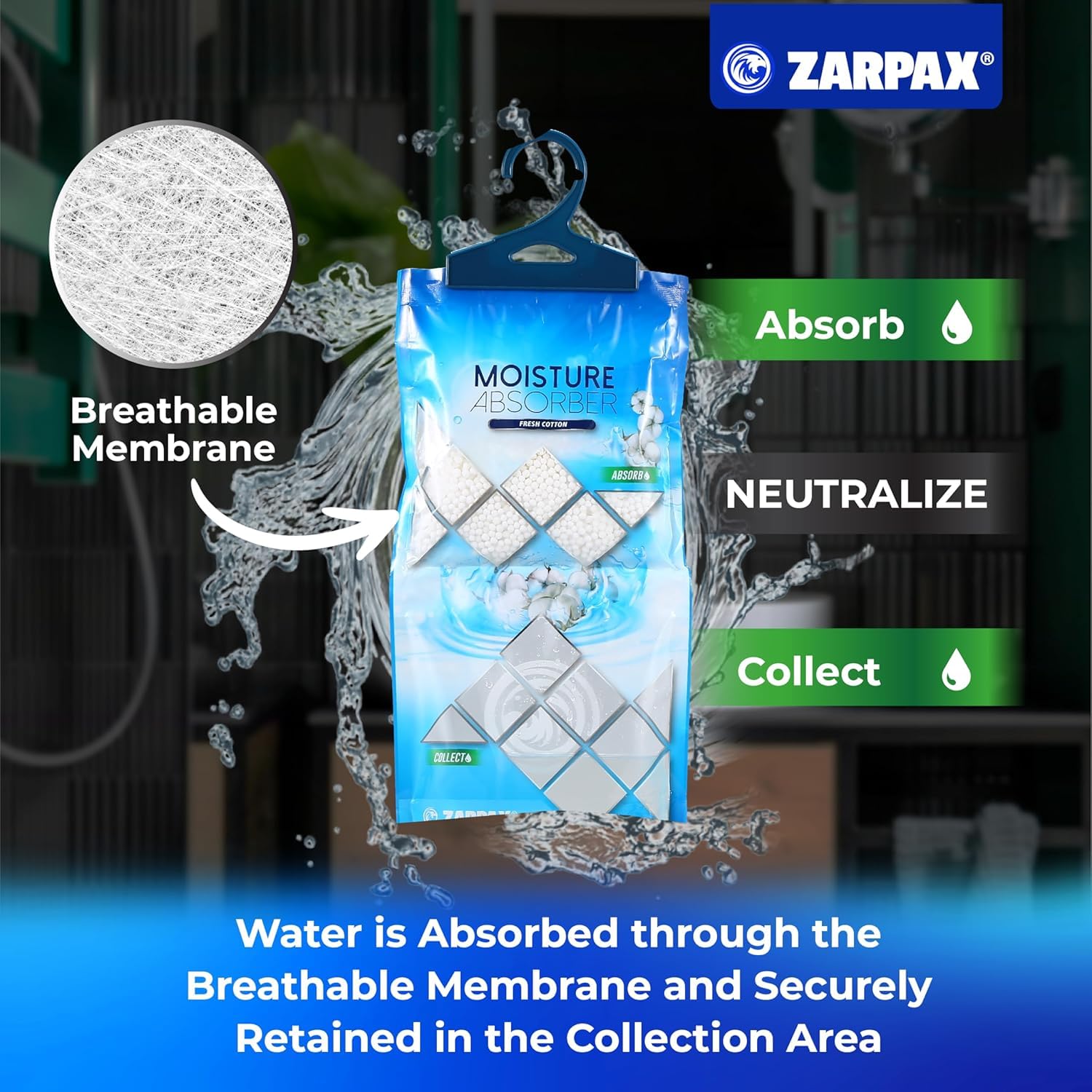 ZARPAX moisture absorber in bathroom reduces humidity and mildew odors.