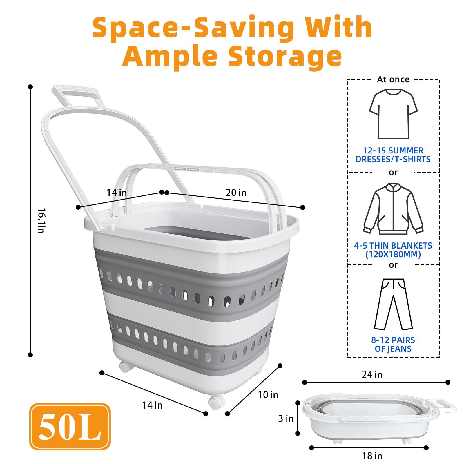 ZAUNFOOY 50L collapsible basket side view demonstrates easy transport and portability.