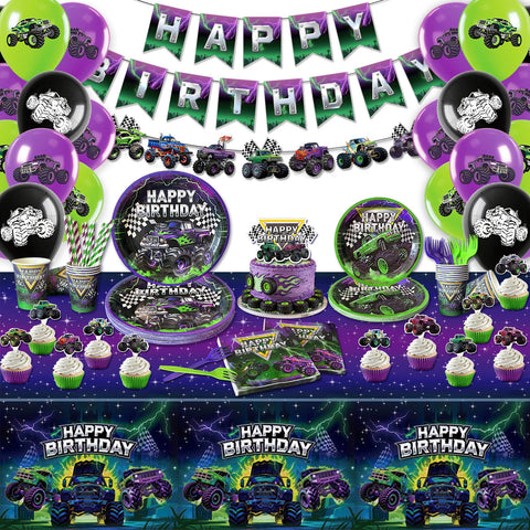 ZBYQDHO Monster Truck birthday banner decor enhances entry with vibrant purple and green accents.