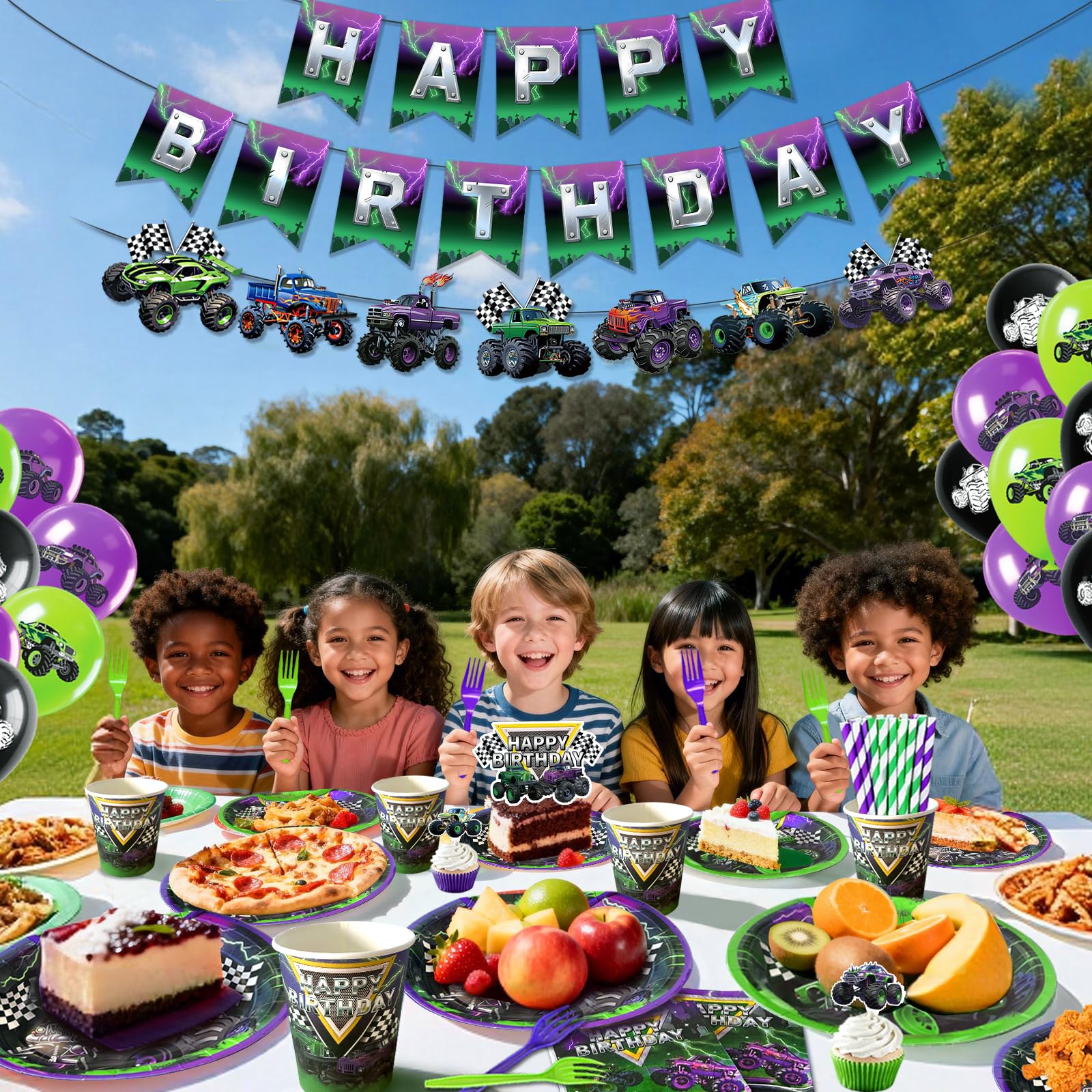ZBYQDHO Monster Truck tablecloth and latex balloons add waterproof coverage and color.