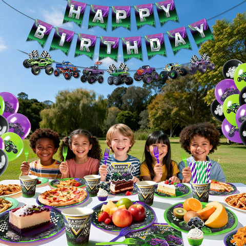 ZBYQDHO Monster Truck tablecloth and latex balloons add waterproof coverage and color.