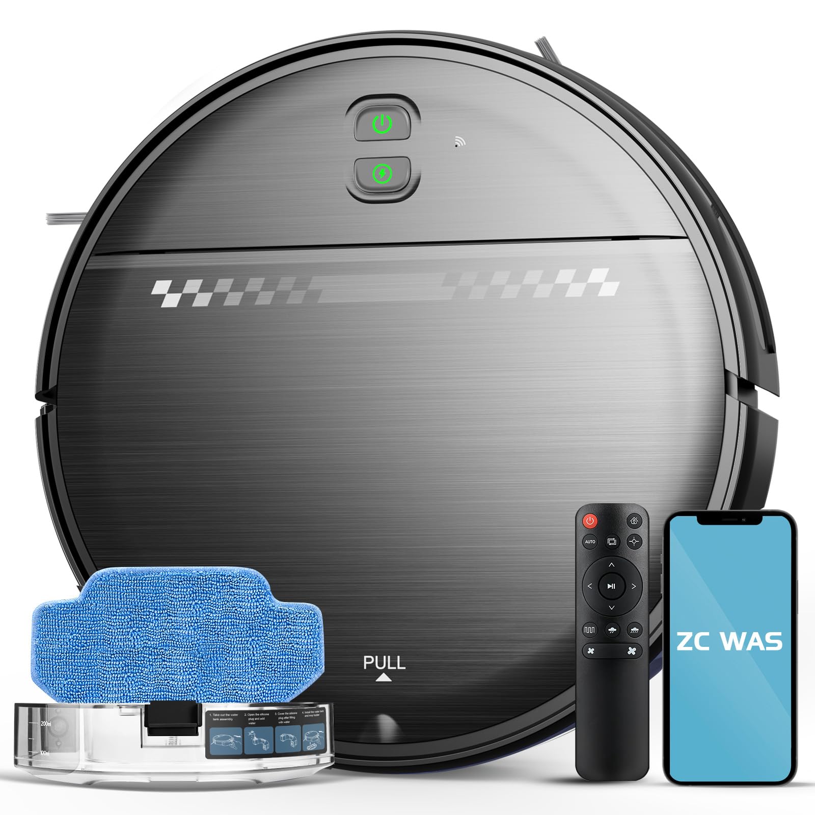ZC WAS robot vacuum and mop combo, front view, slim profile for under-furniture cleaning.