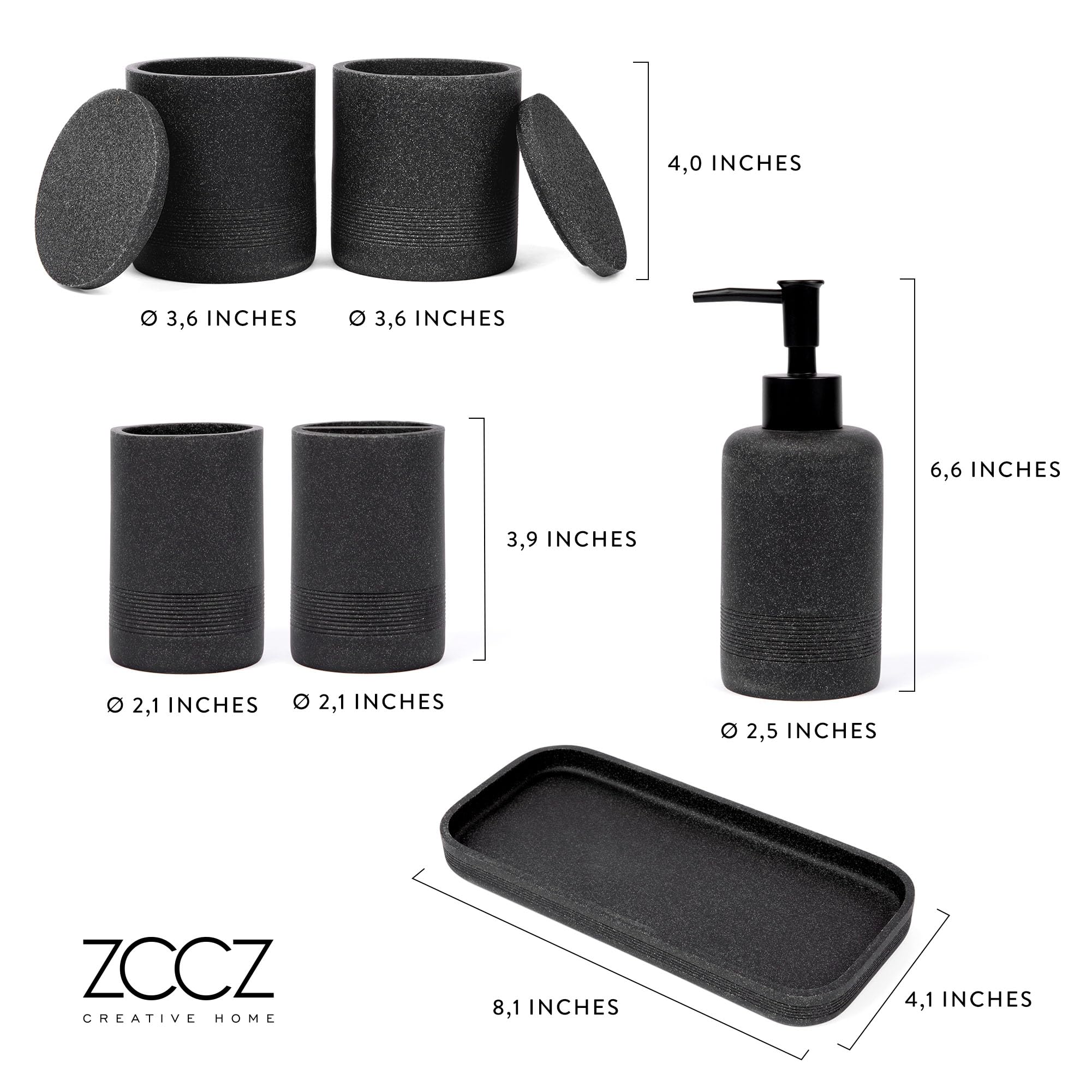 ZCCZ Black Stone Q-tip holder complements a cohesive vanity setup