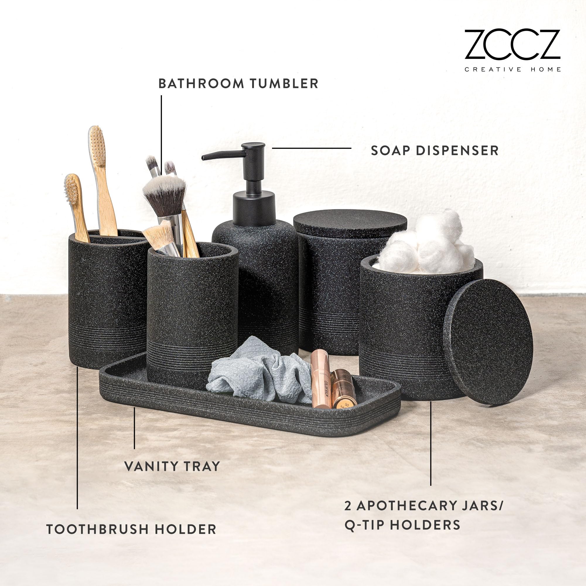 ZCCZ Black Stone vanity tray consolidates cosmetics and jewelry for a tidy vanity