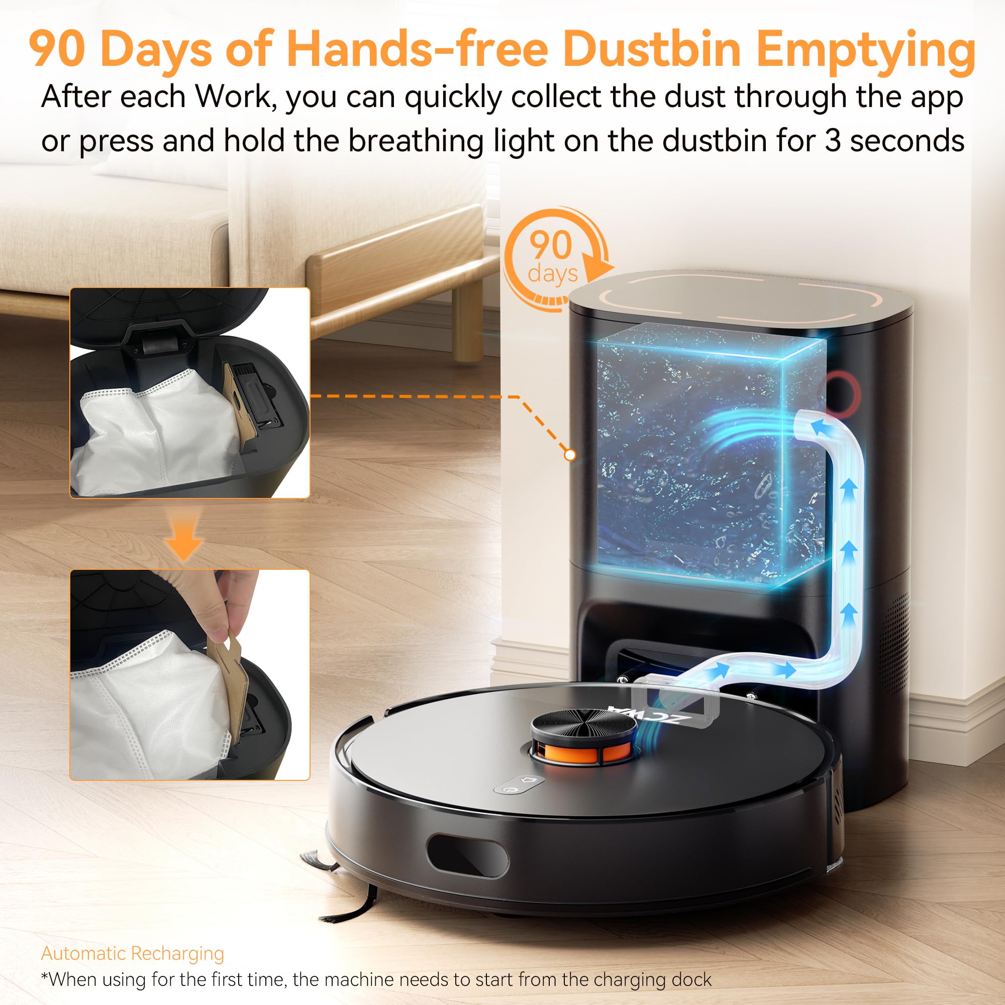 90-day automatic emptying base station for hands-free maintenance