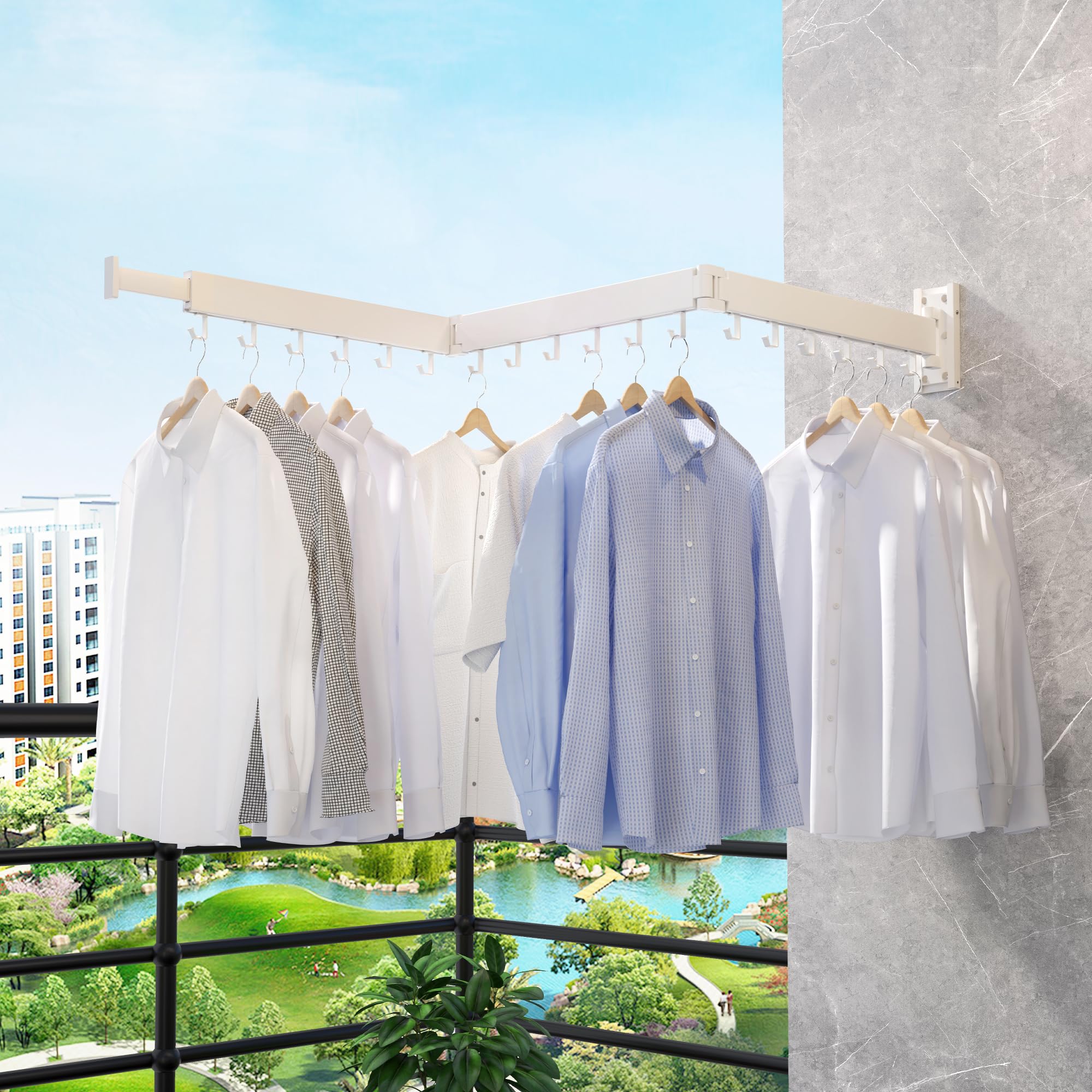 ZdwCyl white clothes drying rack on balcony ready for sun-drenched airing.
