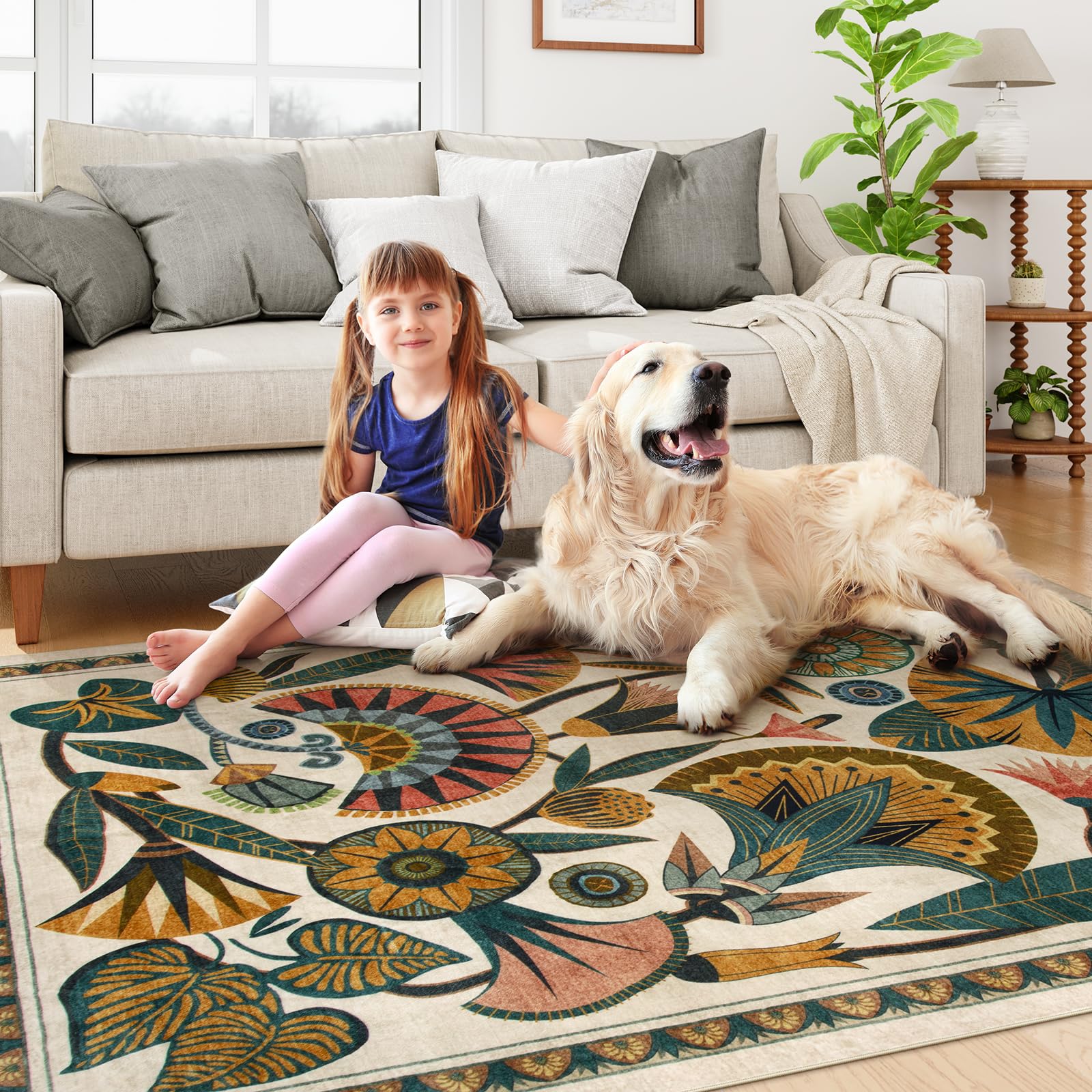 Zealude beige 8x10 rug in living room setup showing versatile décor appeal.