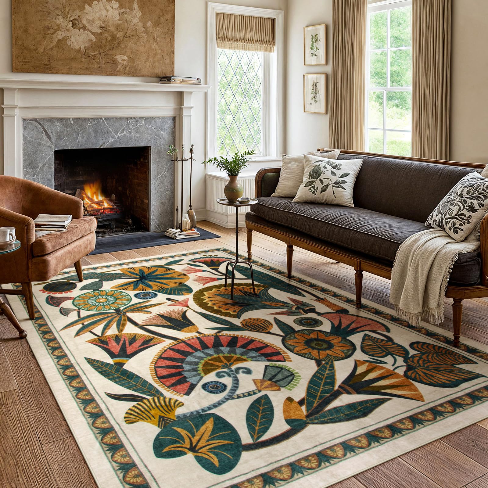 Zealude Egypt Floral rug in beige for living rooms with soft comfort and non-slip stability.