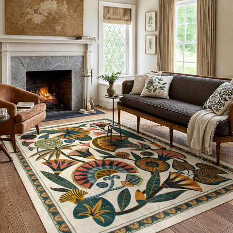 Zealude Egypt Floral rug in beige for living rooms with soft comfort and non-slip stability.