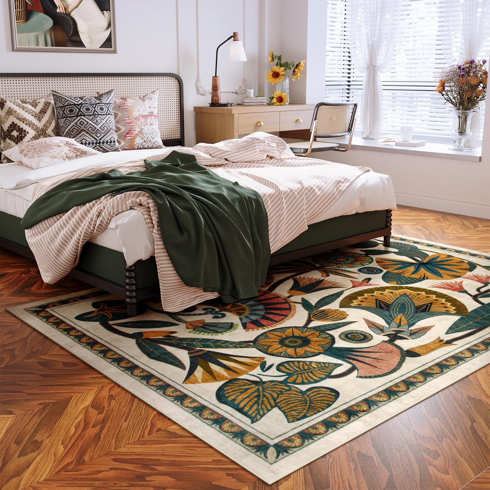 Closeup of the floral motif on the Zealude rug highlighting boho style and borders.