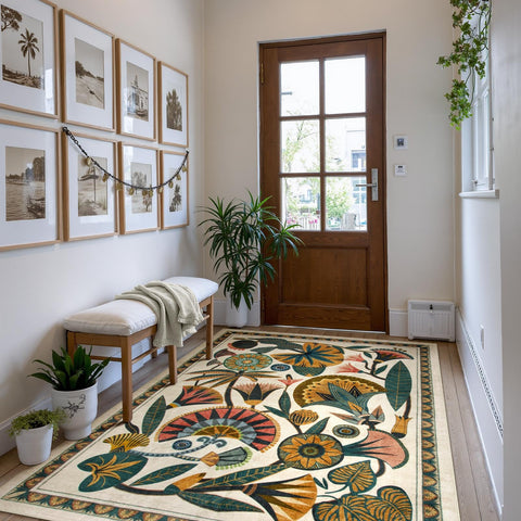 Entryway scene with the Zealude rug demonstrates easy under-door clearance.