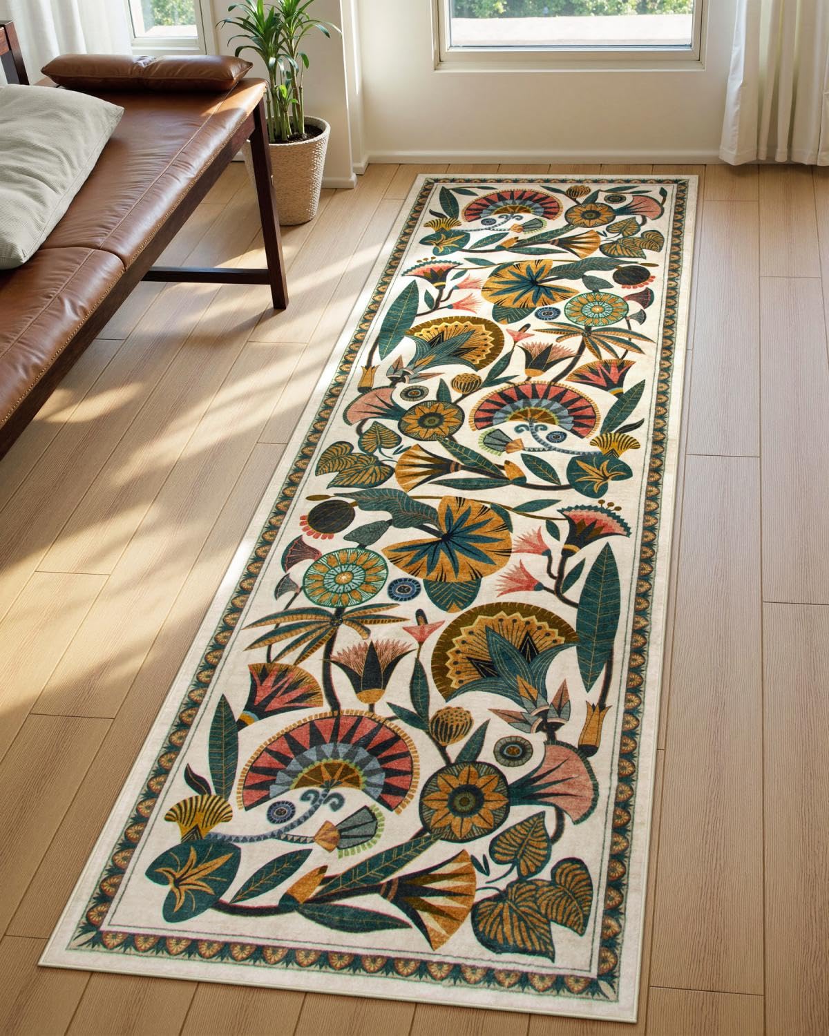 Zealude Egypt Floral washable runner beige front view showing soft, inviting texture for entryways