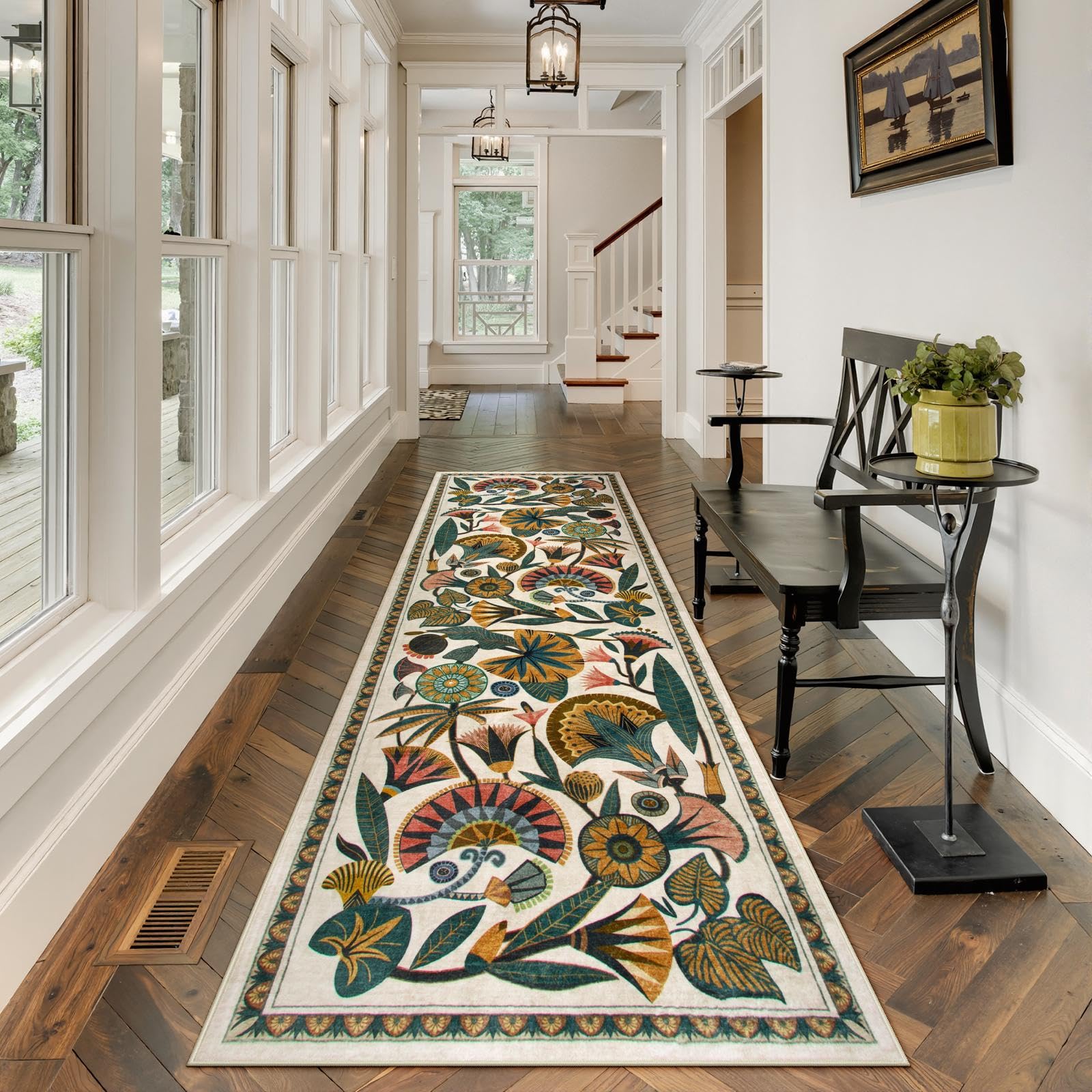 Zealude Egypt Floral washable runner beige hallway view highlighting graceful pattern