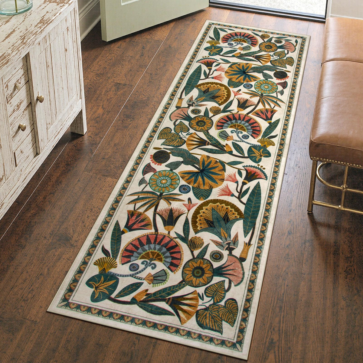 Zealude Washable Kitchen Runner with floral border for cozy hallways.