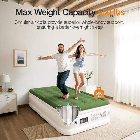 Zearna air mattress 2-minute inflation enables quick camping setup.