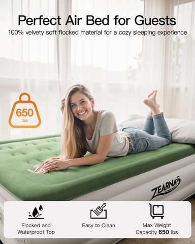 Zearna air mattress with flocked-top soft-touch surface for guests.