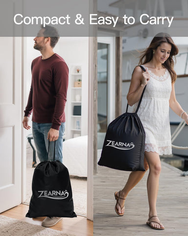 Zearna air mattress weighs 15 pounds and fits into a carrying bag.