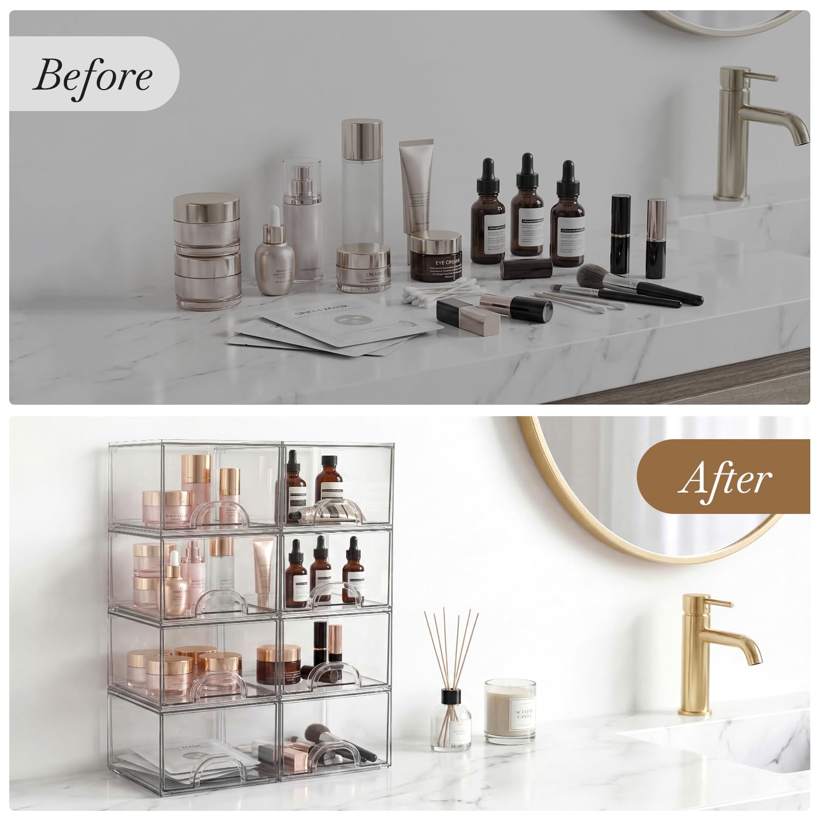 Zeawec clear stackable storage box in vanity setup showing organized cosmetics